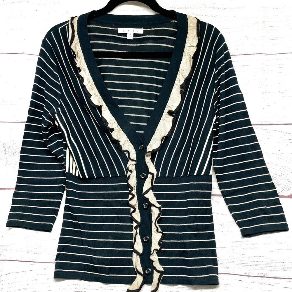 CAbi women Flirt Cardigan #276 black tan stripe Ruffle size S